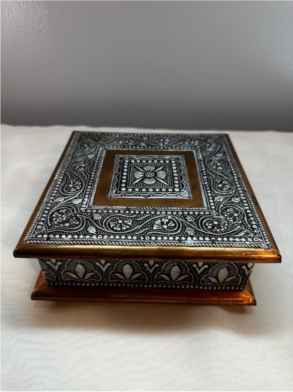 Copper And Aluminum Ornate Detailed Storage Box With Divided Compartments